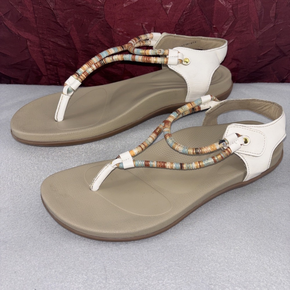 Aetrex Womens Bailey US 9/9.5‎  White Faux Leather Hook & Loop Thong Sandals EUC